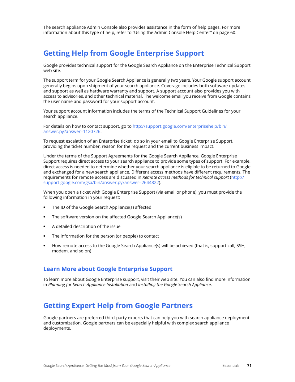 Getting help from google enterprise support, Learn more about google enterprise support, Getting expert help from google partners | Google Search Appliance Getting the Most from Your Google Search Appliance User Manual | Page 71 / 77