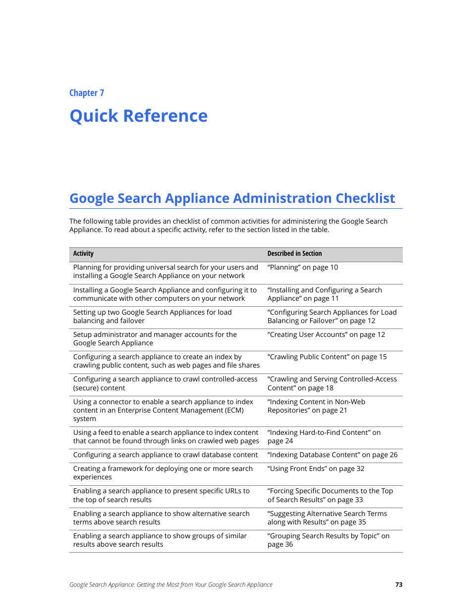Quick reference, Google search appliance administration checklist, Chapter 7 | Google Search Appliance Getting the Most from Your Google Search Appliance User Manual | Page 73 / 77
