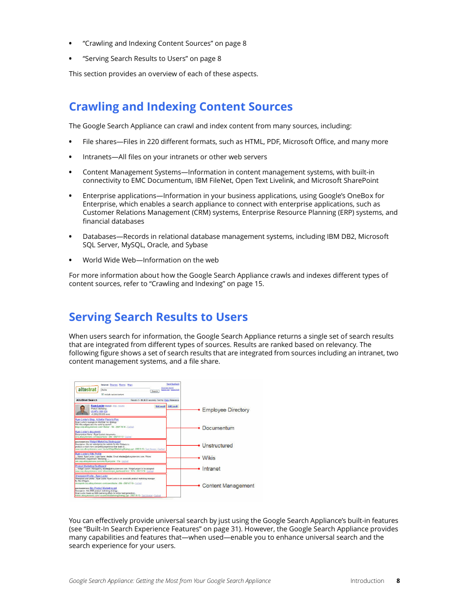 Crawling and indexing content sources, Serving search results to users | Google Search Appliance Getting the Most from Your Google Search Appliance User Manual | Page 8 / 77