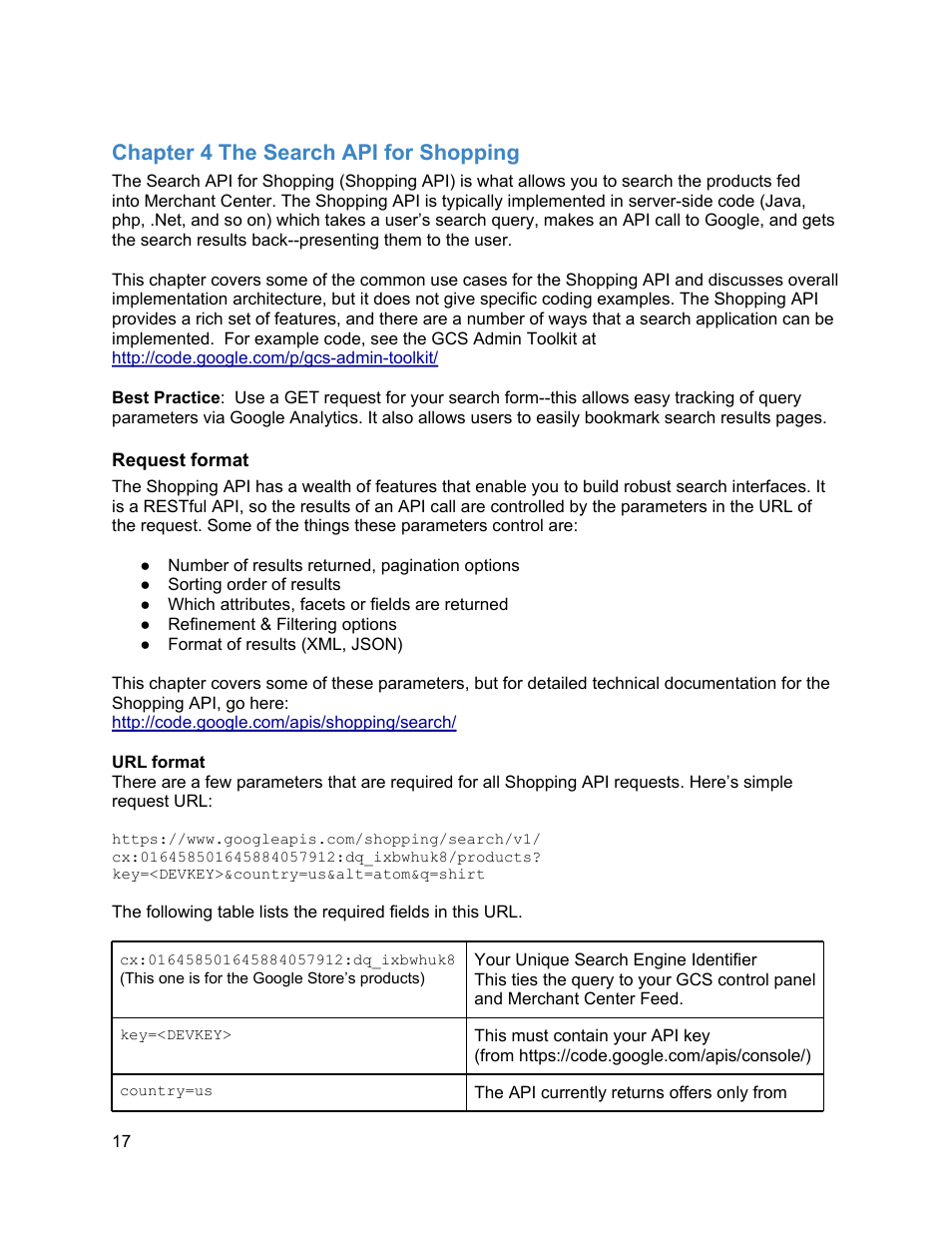 Chapter 4 the search api for shopping, Request format | Google Commerce Search Deployment Guide User Manual | Page 17 / 29