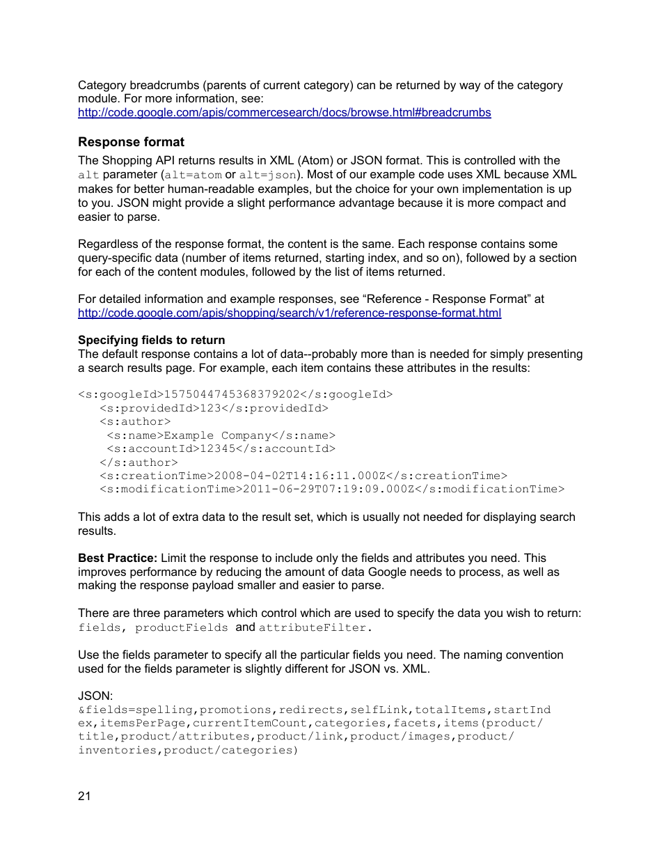 Response format | Google Commerce Search Deployment Guide User Manual | Page 21 / 29