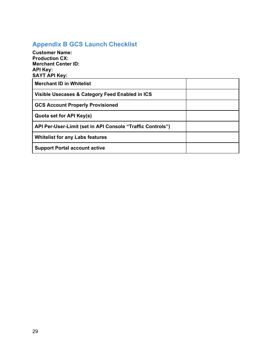 Appendix b gcs launch checklist | Google Commerce Search Deployment Guide User Manual | Page 29 / 29
