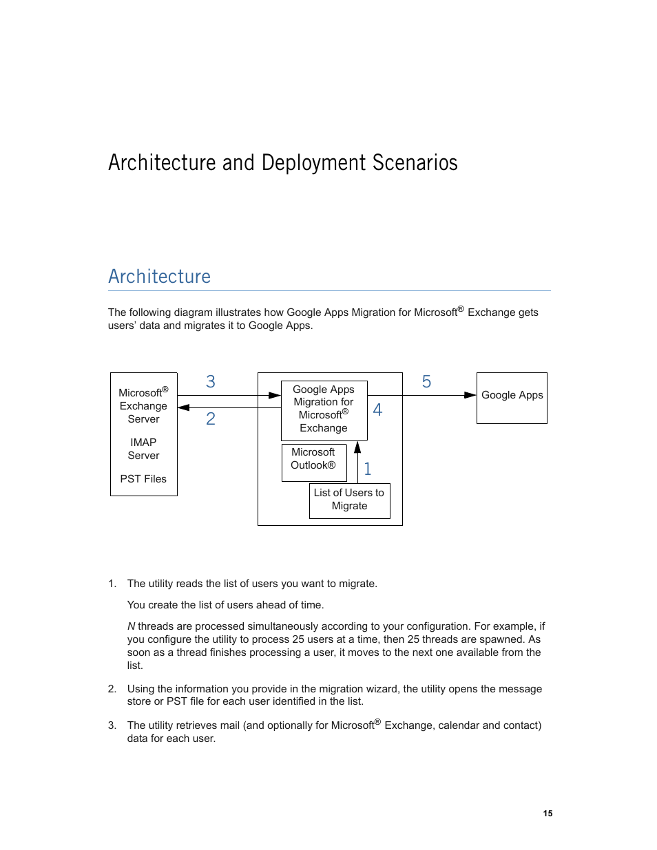 Architecture and deployment scenarios, Architecture, Architecture and | Google Apps Migration for Microsoft Exchange Administration Guide User Manual | Page 15 / 78