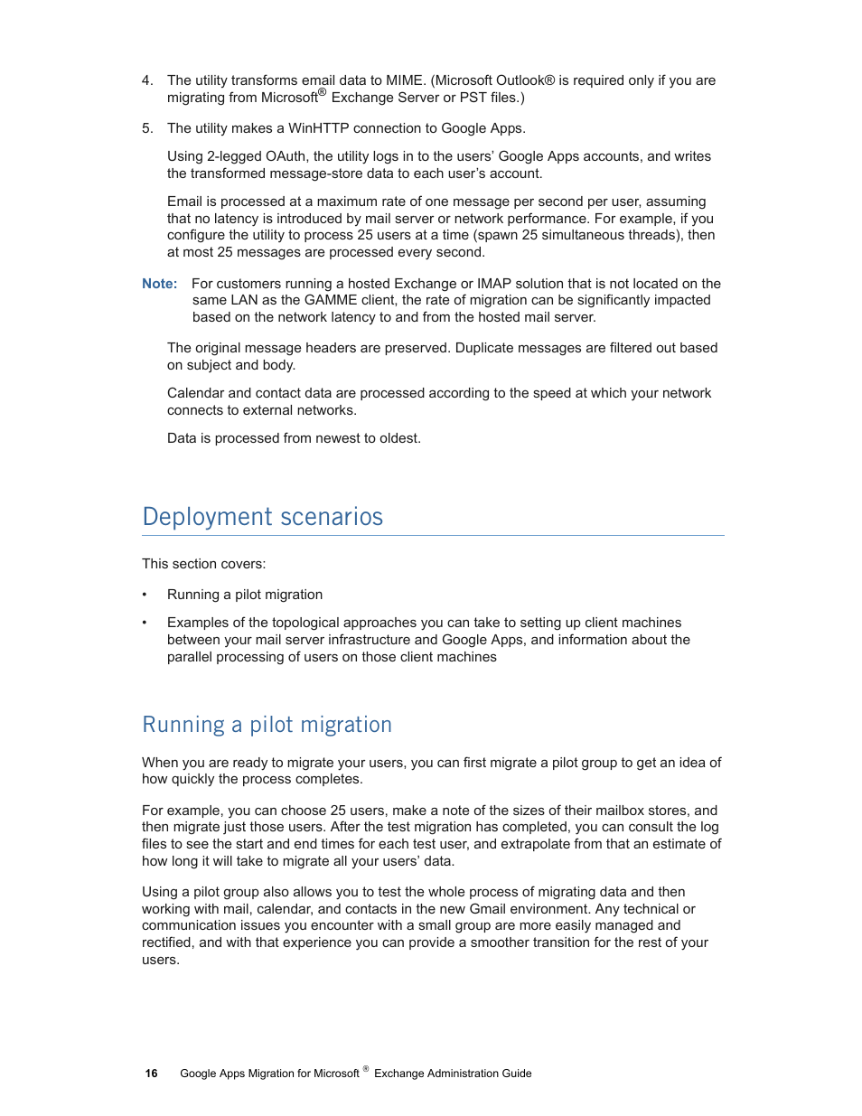 Deployment scenarios, Running a pilot migration | Google Apps Migration for Microsoft Exchange Administration Guide User Manual | Page 16 / 78
