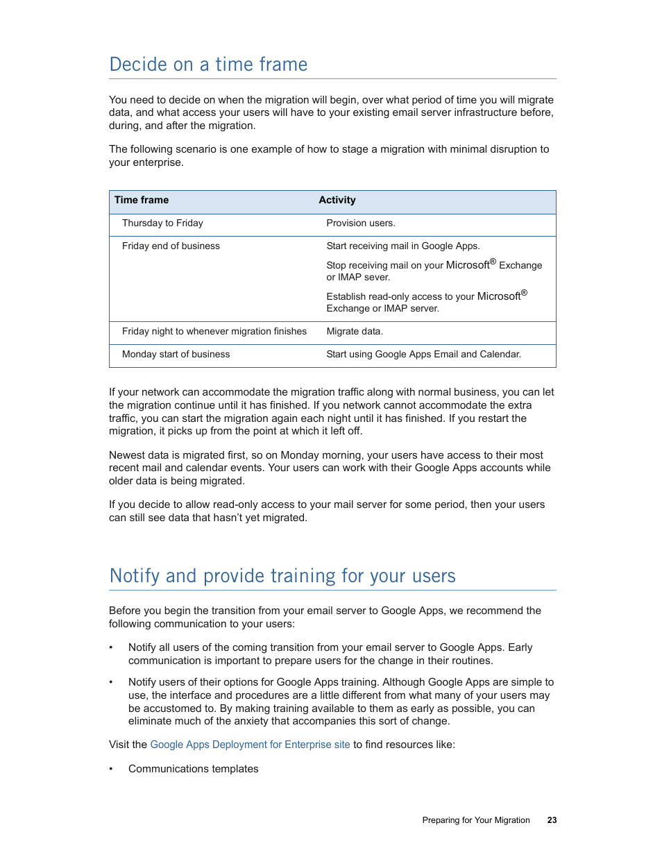 Decide on a time frame, Notify and provide training for your users | Google Apps Migration for Microsoft Exchange Administration Guide User Manual | Page 23 / 78