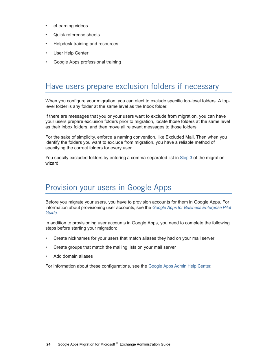 Have users prepare exclusion folders if necessary, Provision your users in google apps | Google Apps Migration for Microsoft Exchange Administration Guide User Manual | Page 24 / 78
