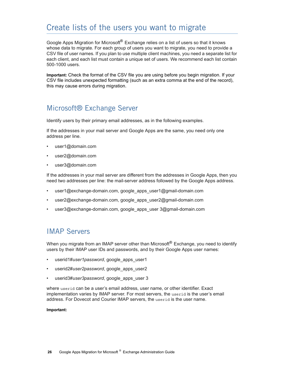 Create lists of the users you want to migrate, Microsoft® exchange server, Imap servers | Google Apps Migration for Microsoft Exchange Administration Guide User Manual | Page 26 / 78