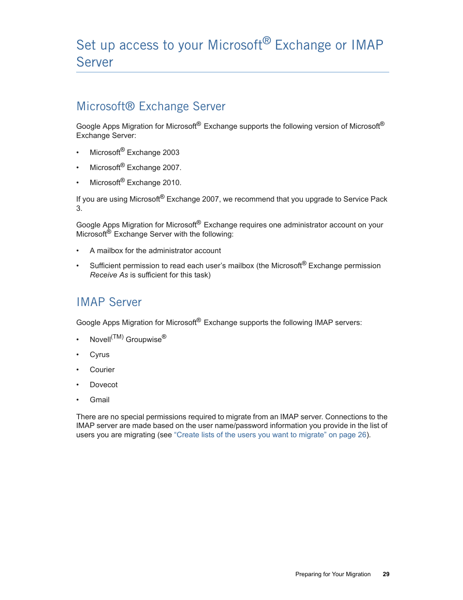 Set up access to your microsoft, Exchange or imap server, Microsoft® exchange server | Imap server | Google Apps Migration for Microsoft Exchange Administration Guide User Manual | Page 29 / 78