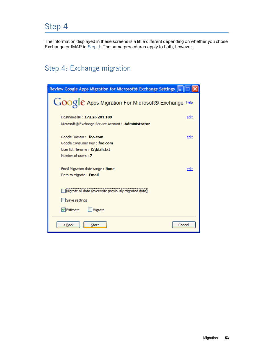 Step 4, Step 4: exchange migration | Google Apps Migration for Microsoft Exchange Administration Guide User Manual | Page 53 / 78