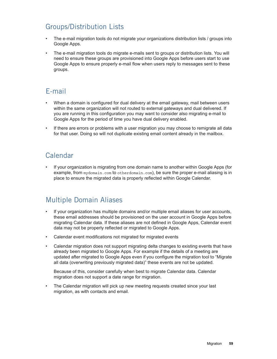 Groups/distribution lists, E-mail, Calendar | Multiple domain aliases | Google Apps Migration for Microsoft Exchange Administration Guide User Manual | Page 59 / 78