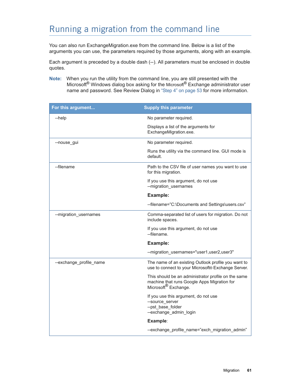 Running a migration from the command line | Google Apps Migration for Microsoft Exchange Administration Guide User Manual | Page 61 / 78