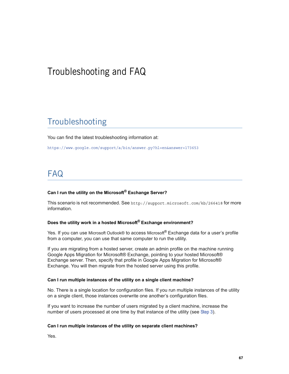 Troubleshooting and faq, Troubleshooting | Google Apps Migration for Microsoft Exchange Administration Guide User Manual | Page 67 / 78