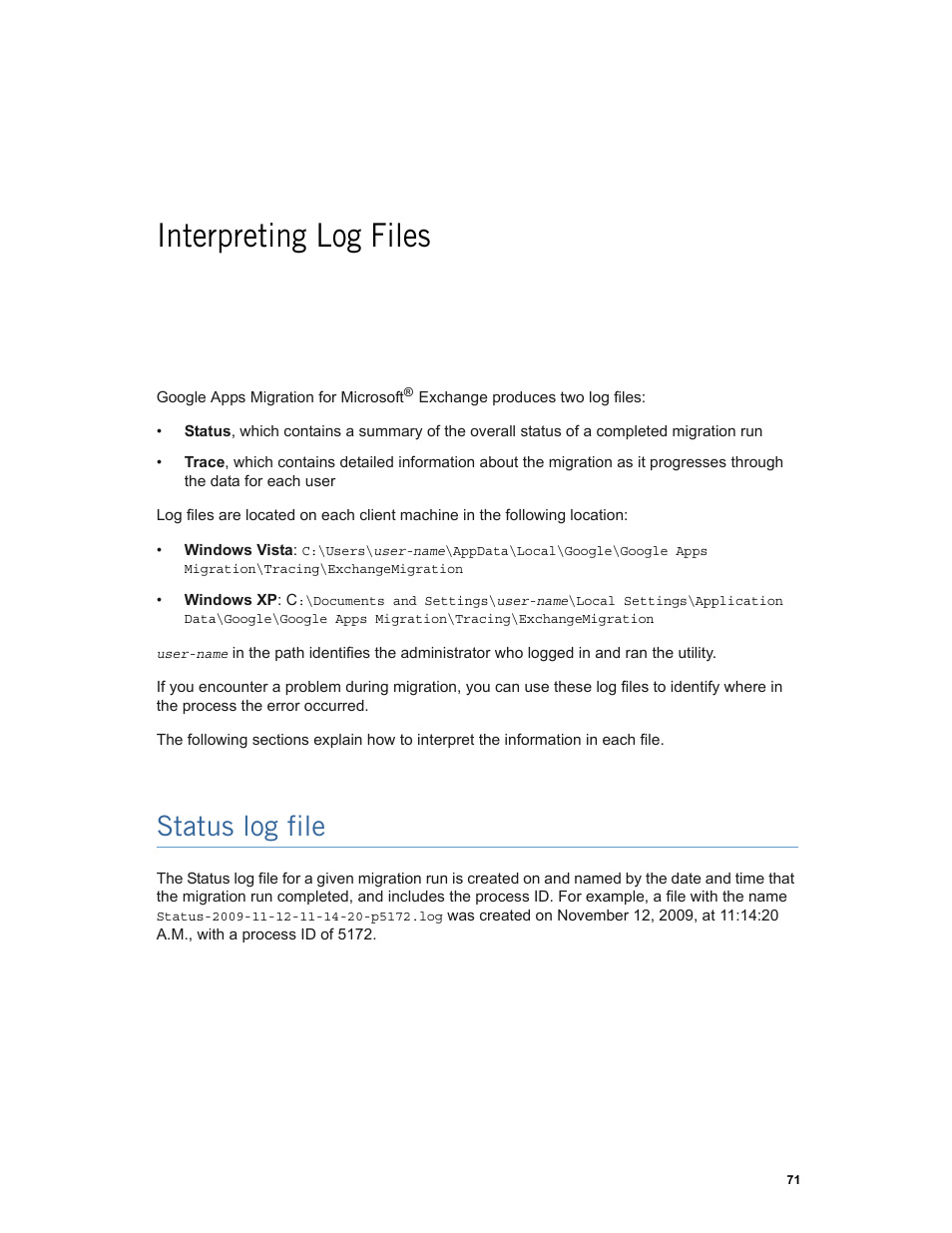 Interpreting log files, Status log file, Chapter 6: interpreting log files status log file | Google Apps Migration for Microsoft Exchange Administration Guide User Manual | Page 71 / 78