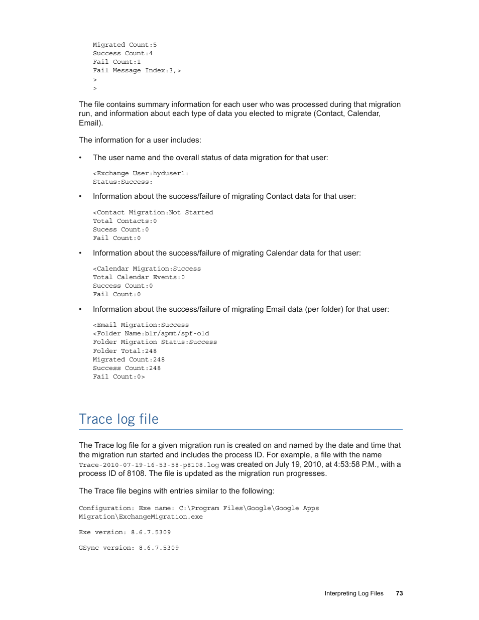 Trace log file | Google Apps Migration for Microsoft Exchange Administration Guide User Manual | Page 73 / 78