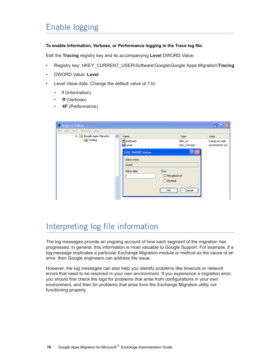 Enable logging, Interpreting log file information, Enable logging interpreting log file information | Google Apps Migration for Microsoft Exchange Administration Guide User Manual | Page 76 / 78