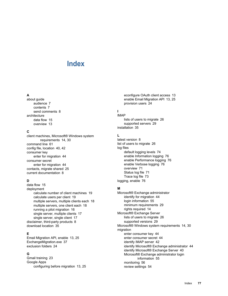 Index | Google Apps Migration for Microsoft Exchange Administration Guide User Manual | Page 77 / 78