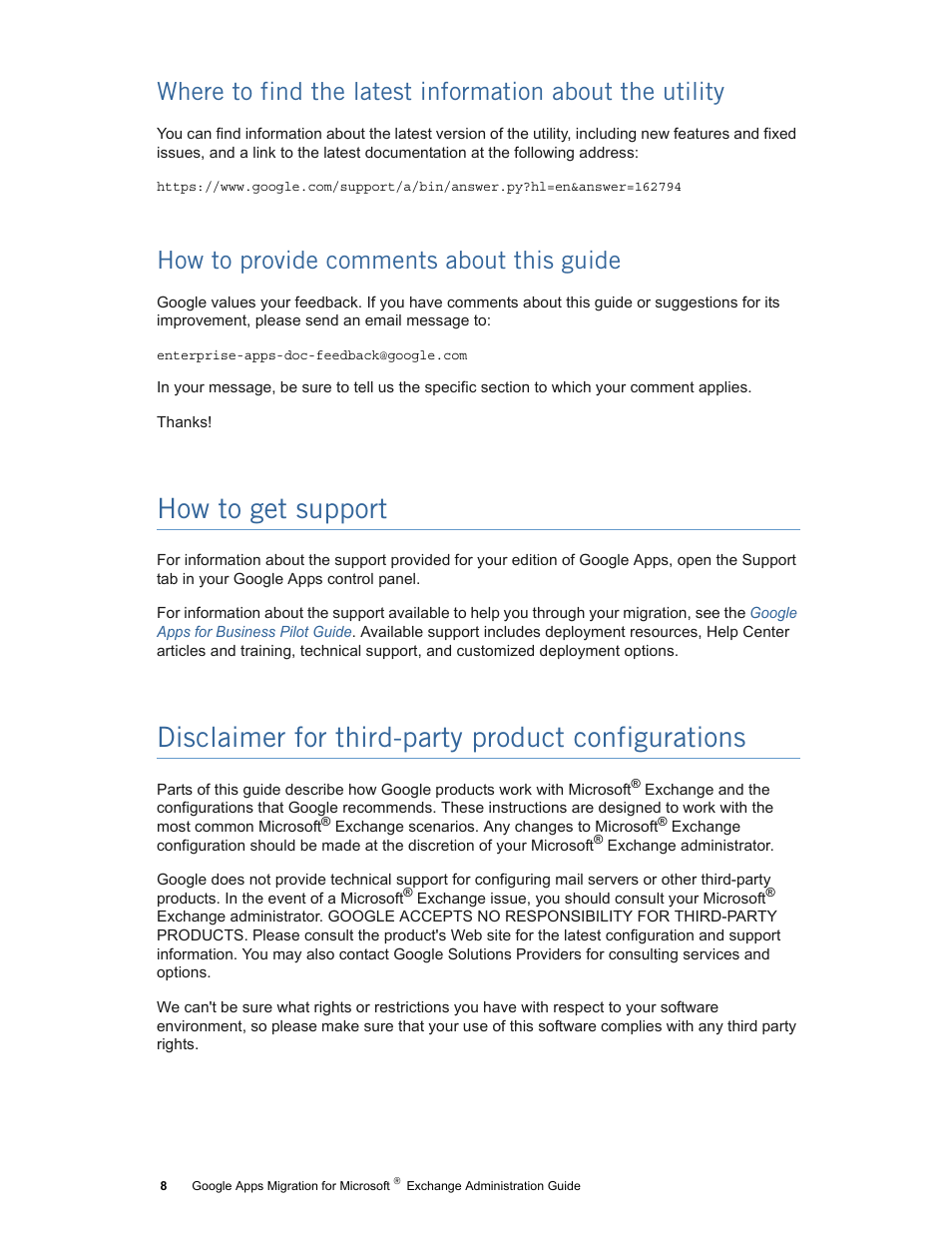 How to get support, Disclaimer for third-party product configurations, How to provide comments about this guide | Google Apps Migration for Microsoft Exchange Administration Guide User Manual | Page 8 / 78