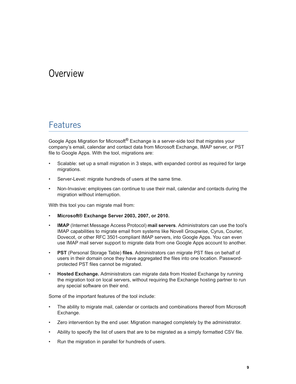 Overview, Features, Chapter 1: overview features | Google Apps Migration for Microsoft Exchange Administration Guide User Manual | Page 9 / 78