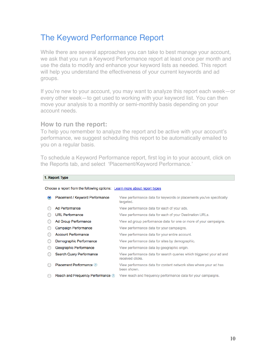 The keyword performance report | Google Grants Ongoing Management Guide User Manual | Page 10 / 26
