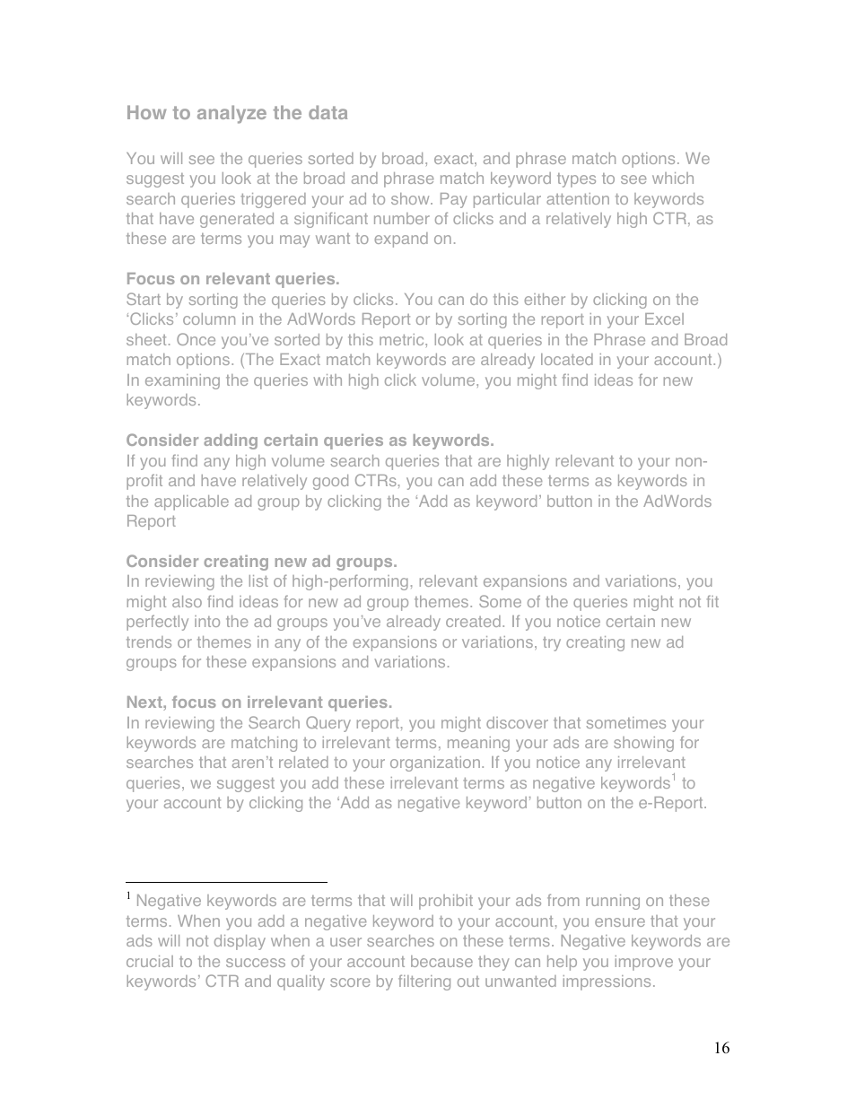 How to analyze the data | Google Grants Ongoing Management Guide User Manual | Page 16 / 26