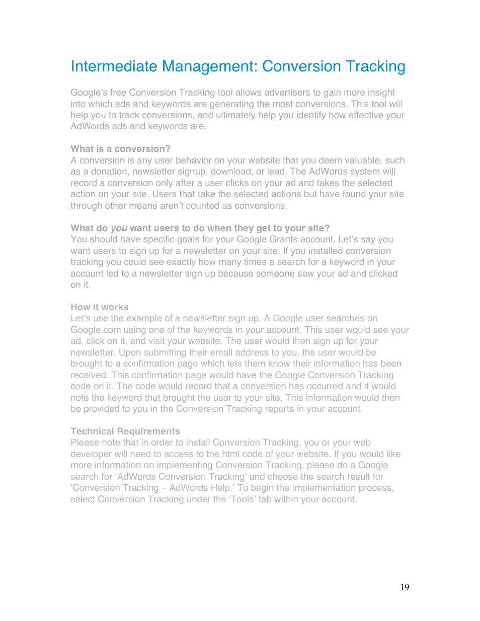 Intermediate management: conversion tracking | Google Grants Ongoing Management Guide User Manual | Page 19 / 26