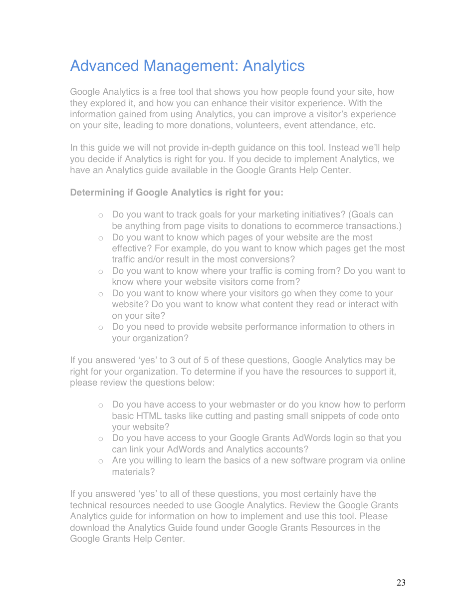 Advanced management: analytics | Google Grants Ongoing Management Guide User Manual | Page 23 / 26