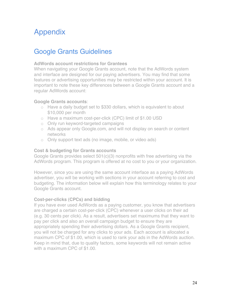 Appendix, Google grants guidelines | Google Grants Ongoing Management Guide User Manual | Page 24 / 26