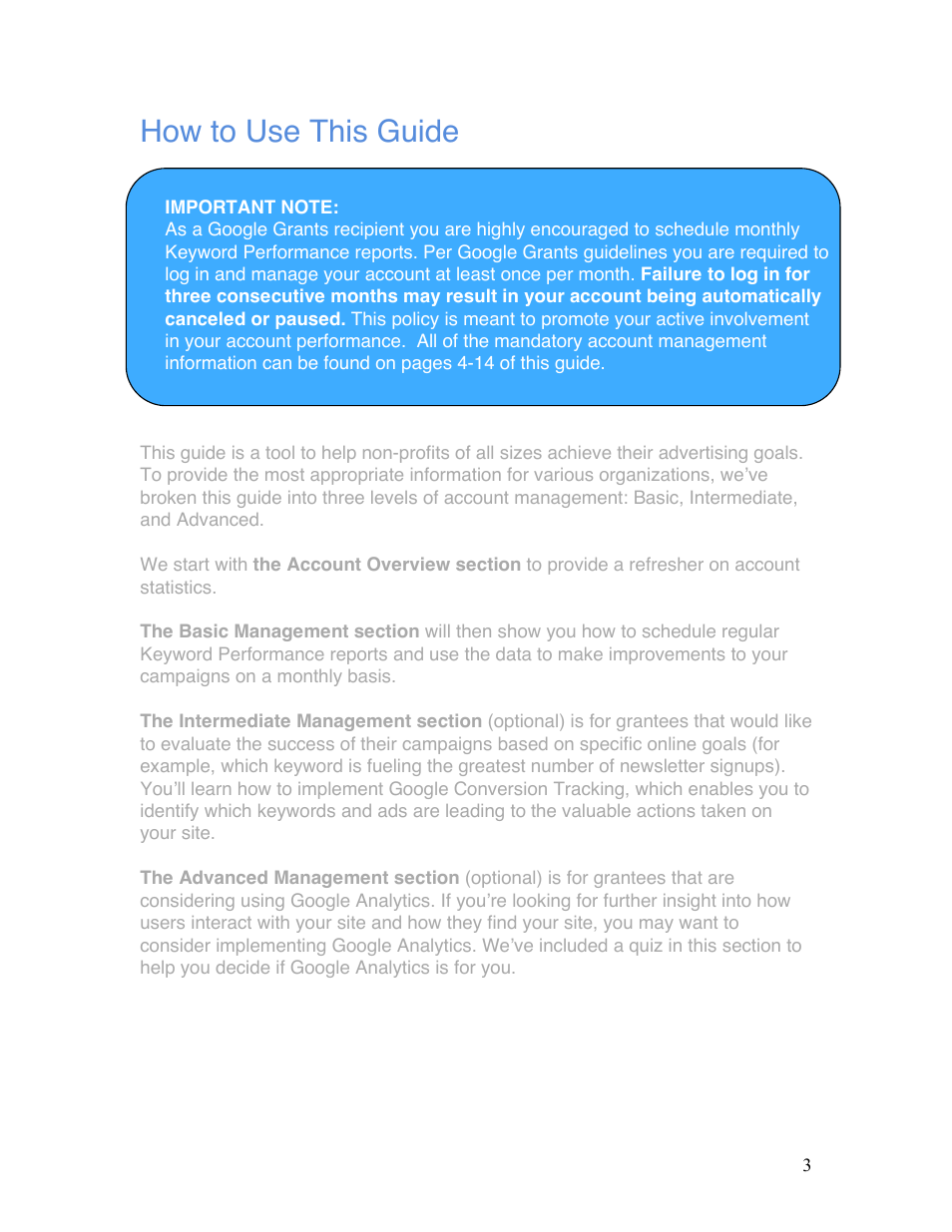 How to use this guide | Google Grants Ongoing Management Guide User Manual | Page 3 / 26