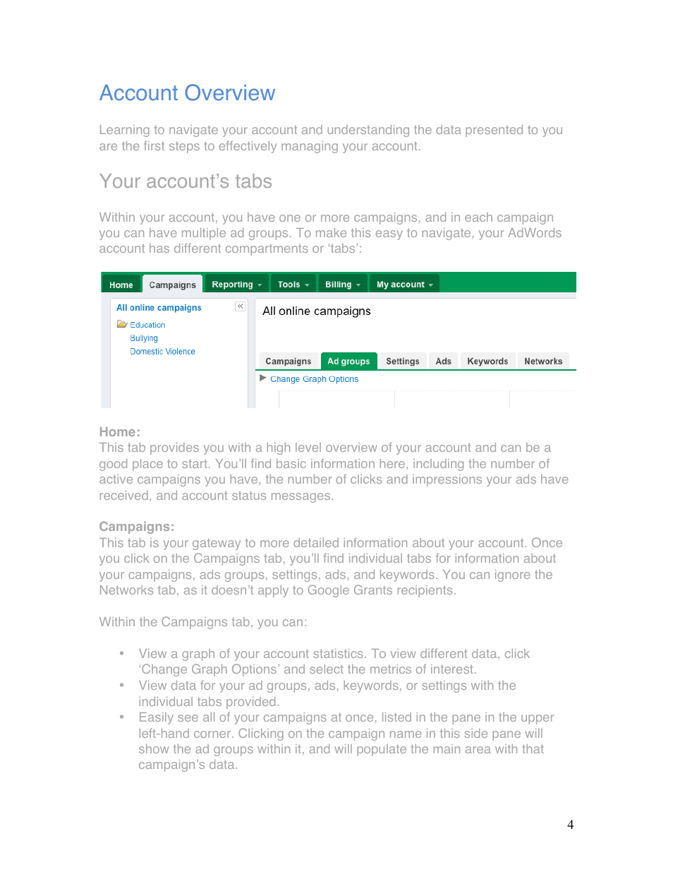 Account overview, Your accountʼs tabs | Google Grants Ongoing Management Guide User Manual | Page 4 / 26