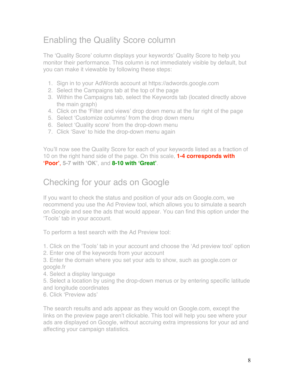 Enabling the quality score column, Checking for your ads on google | Google Grants Ongoing Management Guide User Manual | Page 8 / 26
