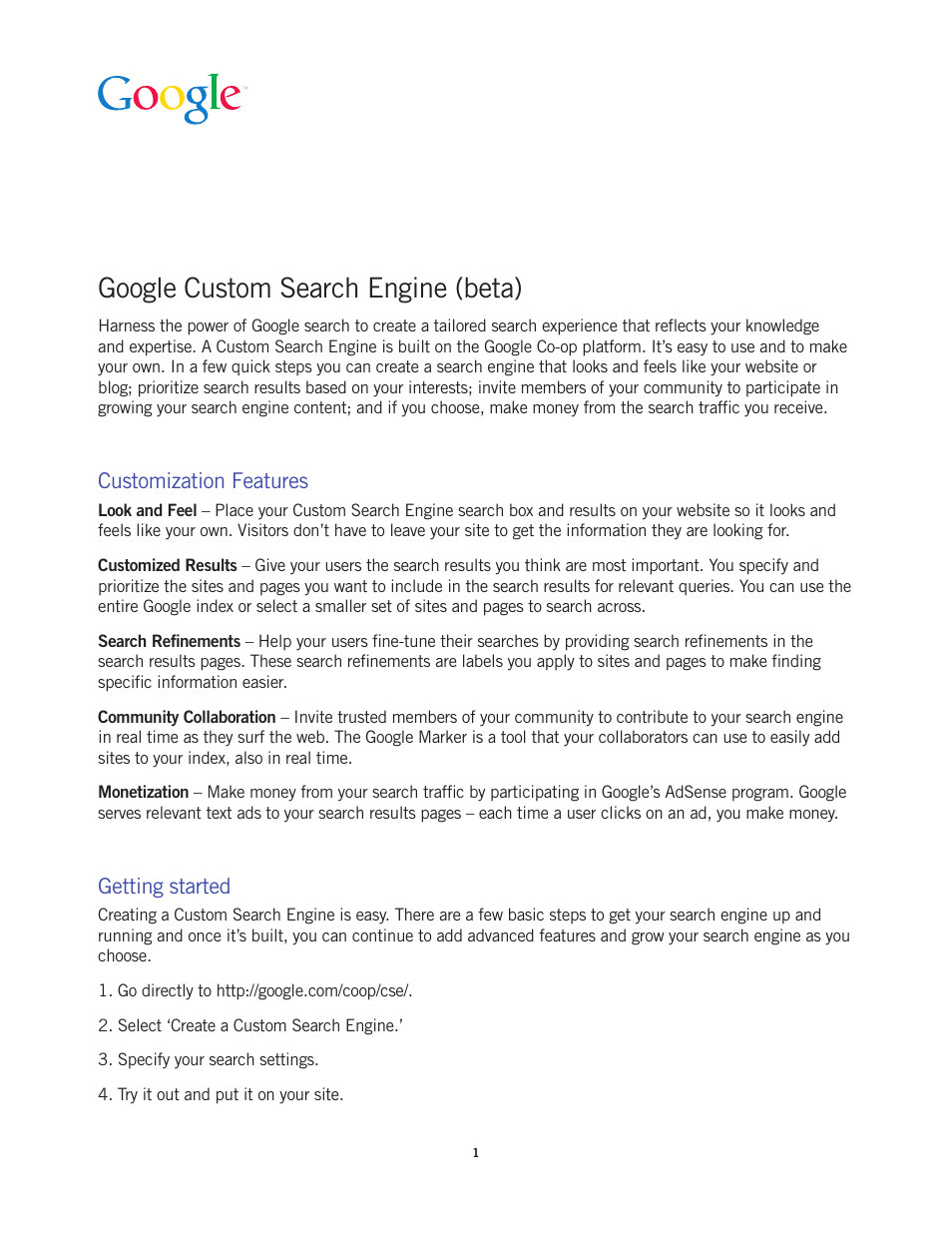 Google Custom Search Engine (beta) Starter Guide User Manual | 8 pages