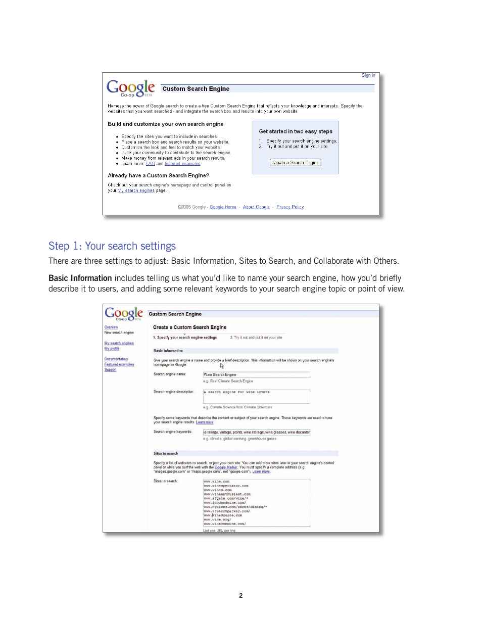 Step 1: your search settings | Google Custom Search Engine (beta) Starter Guide User Manual | Page 2 / 8