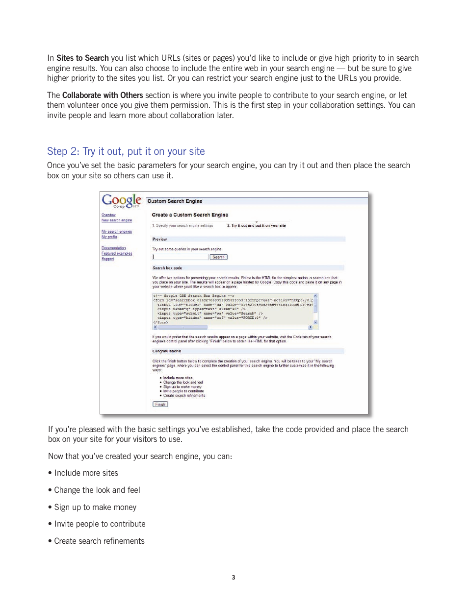 Step 2: try it out, put it on your site | Google Custom Search Engine (beta) Starter Guide User Manual | Page 3 / 8