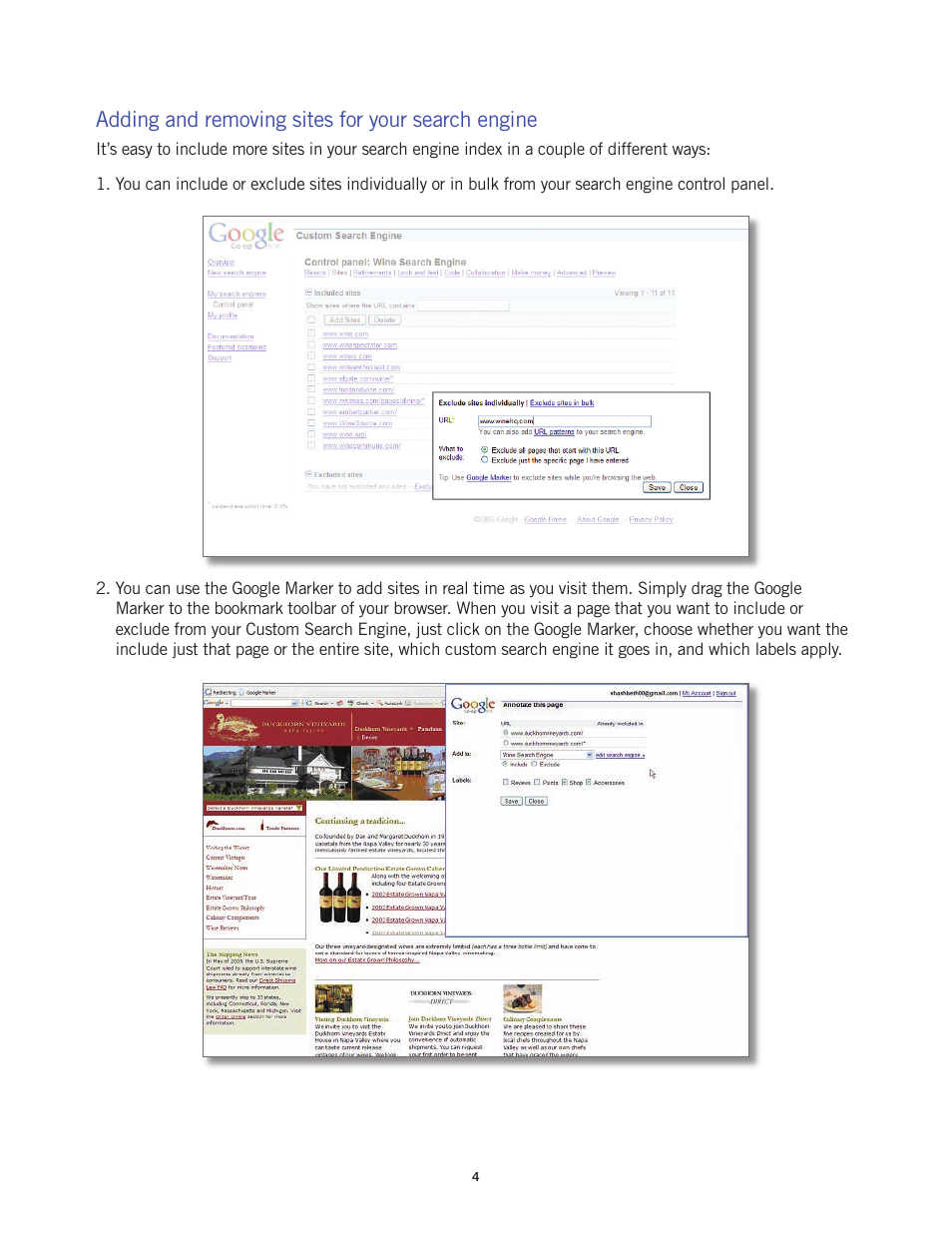 Adding and removing sites for your search engine | Google Custom Search Engine (beta) Starter Guide User Manual | Page 4 / 8