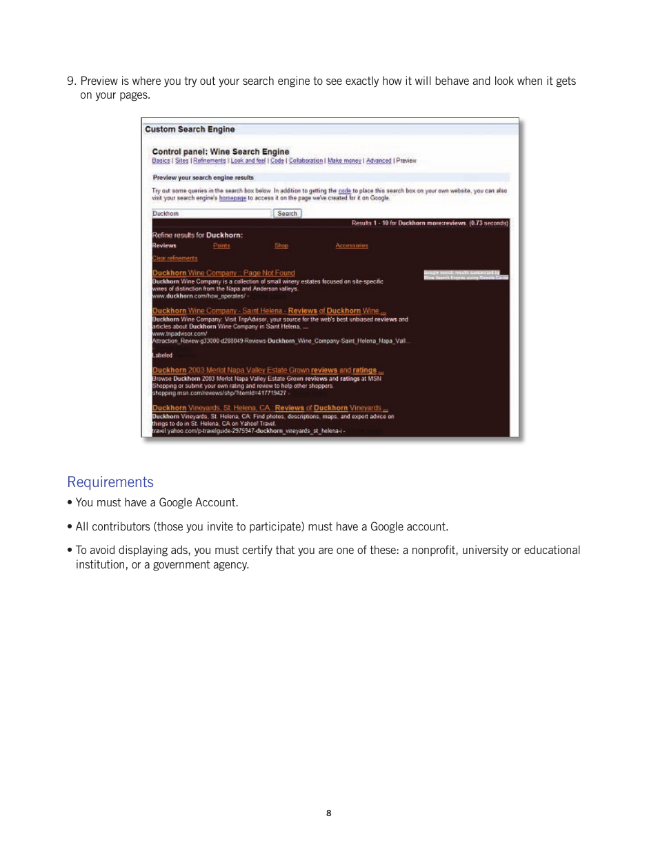 Requirements | Google Custom Search Engine (beta) Starter Guide User Manual | Page 8 / 8
