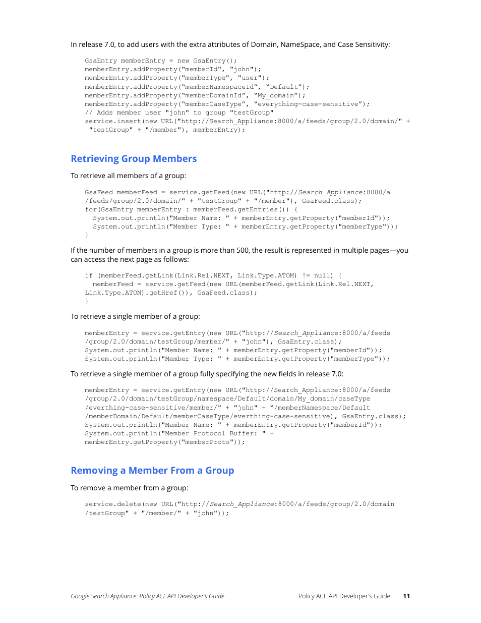 Retrieving group members, Removing a member from a group | Google Search Appliance Policy ACL API Developers Guide User Manual | Page 11 / 24