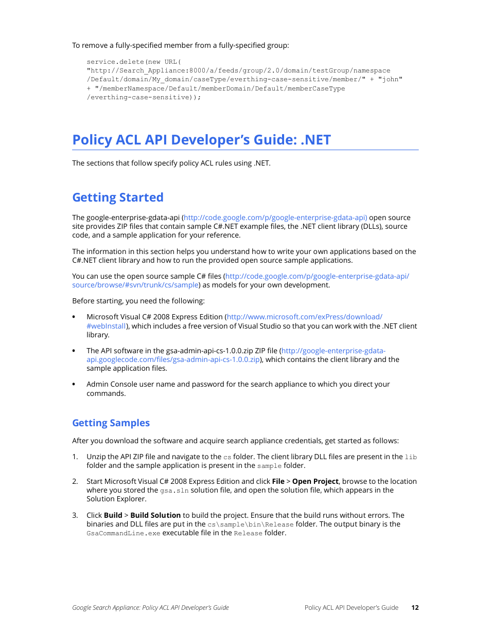 Policy acl api developer’s guide: .net, Getting started, Getting samples | Google Search Appliance Policy ACL API Developers Guide User Manual | Page 12 / 24