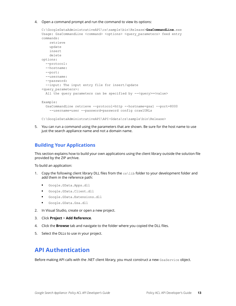 Api authentication, Building your applications | Google Search Appliance Policy ACL API Developers Guide User Manual | Page 13 / 24