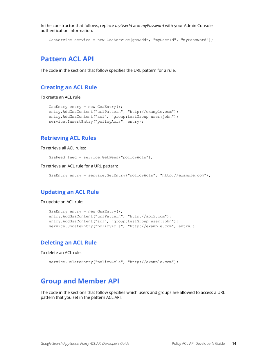 Pattern acl api, Group and member api | Google Search Appliance Policy ACL API Developers Guide User Manual | Page 14 / 24