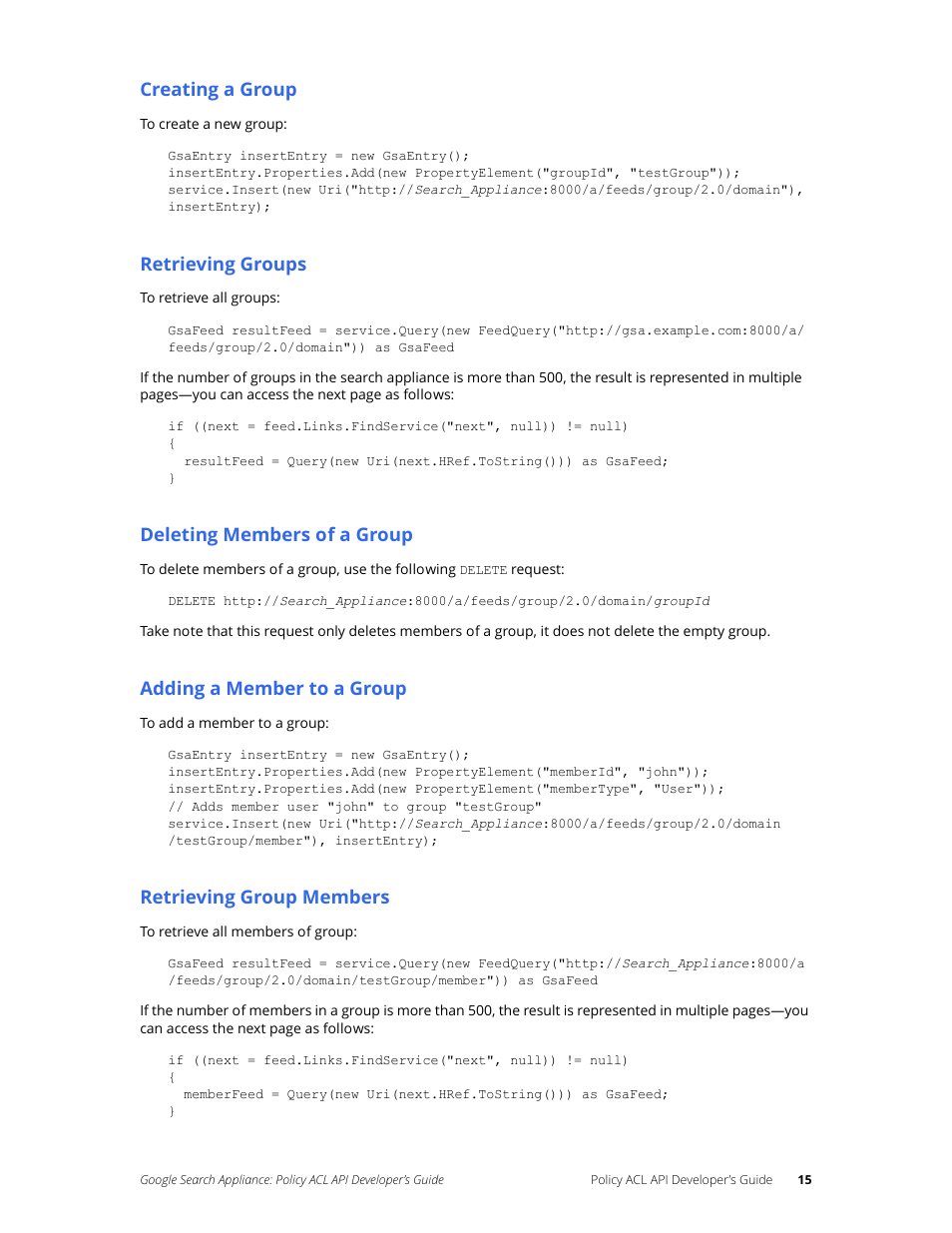 Creating a group, Retrieving groups, Deleting members of a group | Adding a member to a group, Retrieving group members | Google Search Appliance Policy ACL API Developers Guide User Manual | Page 15 / 24