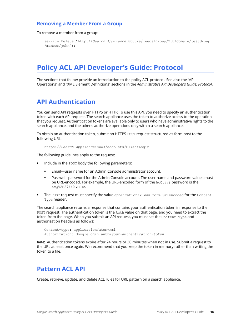 Policy acl api developer’s guide: protocol, Api authentication, Pattern acl api | Google Search Appliance Policy ACL API Developers Guide User Manual | Page 16 / 24