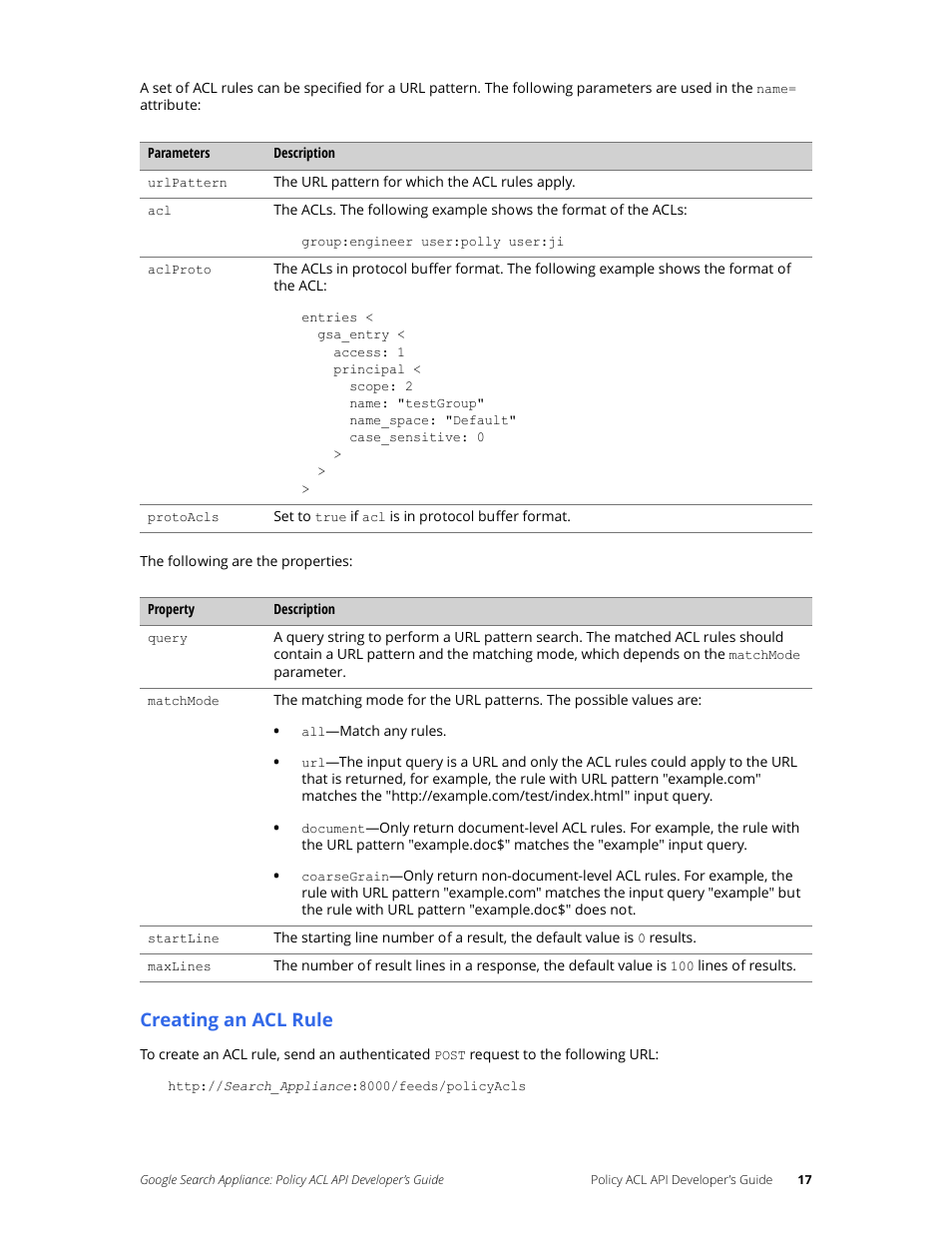 Creating an acl rule | Google Search Appliance Policy ACL API Developers Guide User Manual | Page 17 / 24