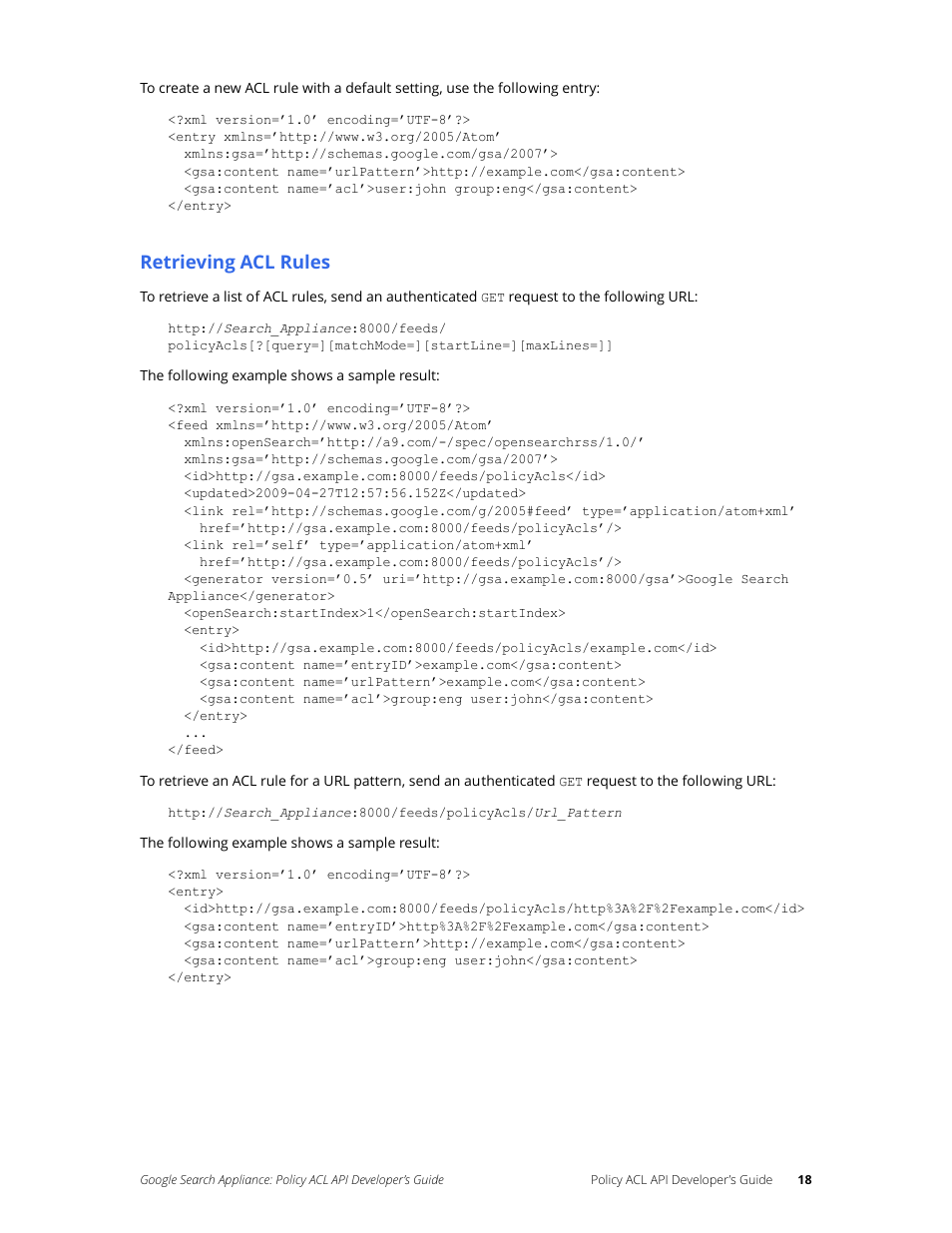 Retrieving acl rules | Google Search Appliance Policy ACL API Developers Guide User Manual | Page 18 / 24