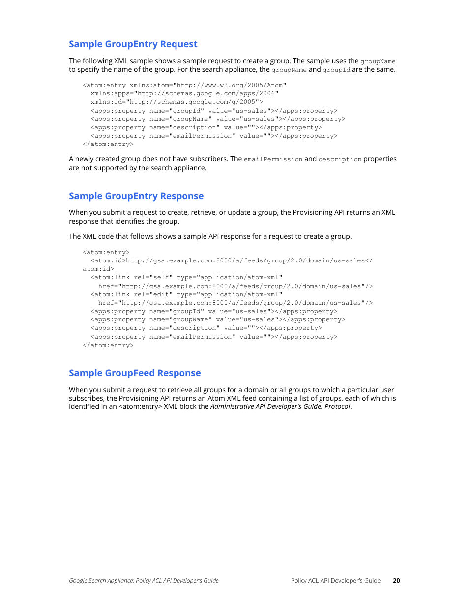 Sample groupentry request, Sample groupentry response, Sample groupfeed response | Google Search Appliance Policy ACL API Developers Guide User Manual | Page 20 / 24