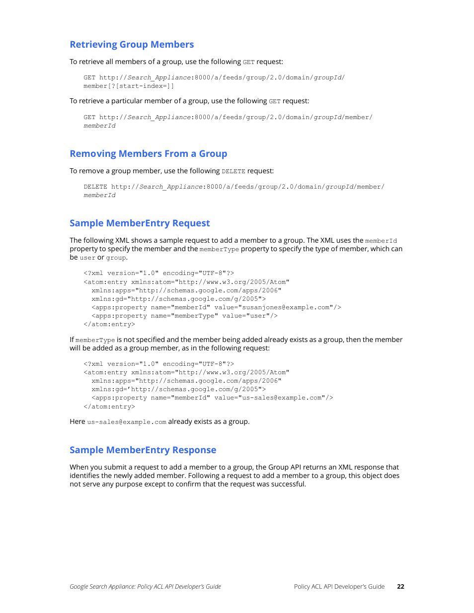Retrieving group members, Removing members from a group, Sample memberentry request | Sample memberentry response | Google Search Appliance Policy ACL API Developers Guide User Manual | Page 22 / 24