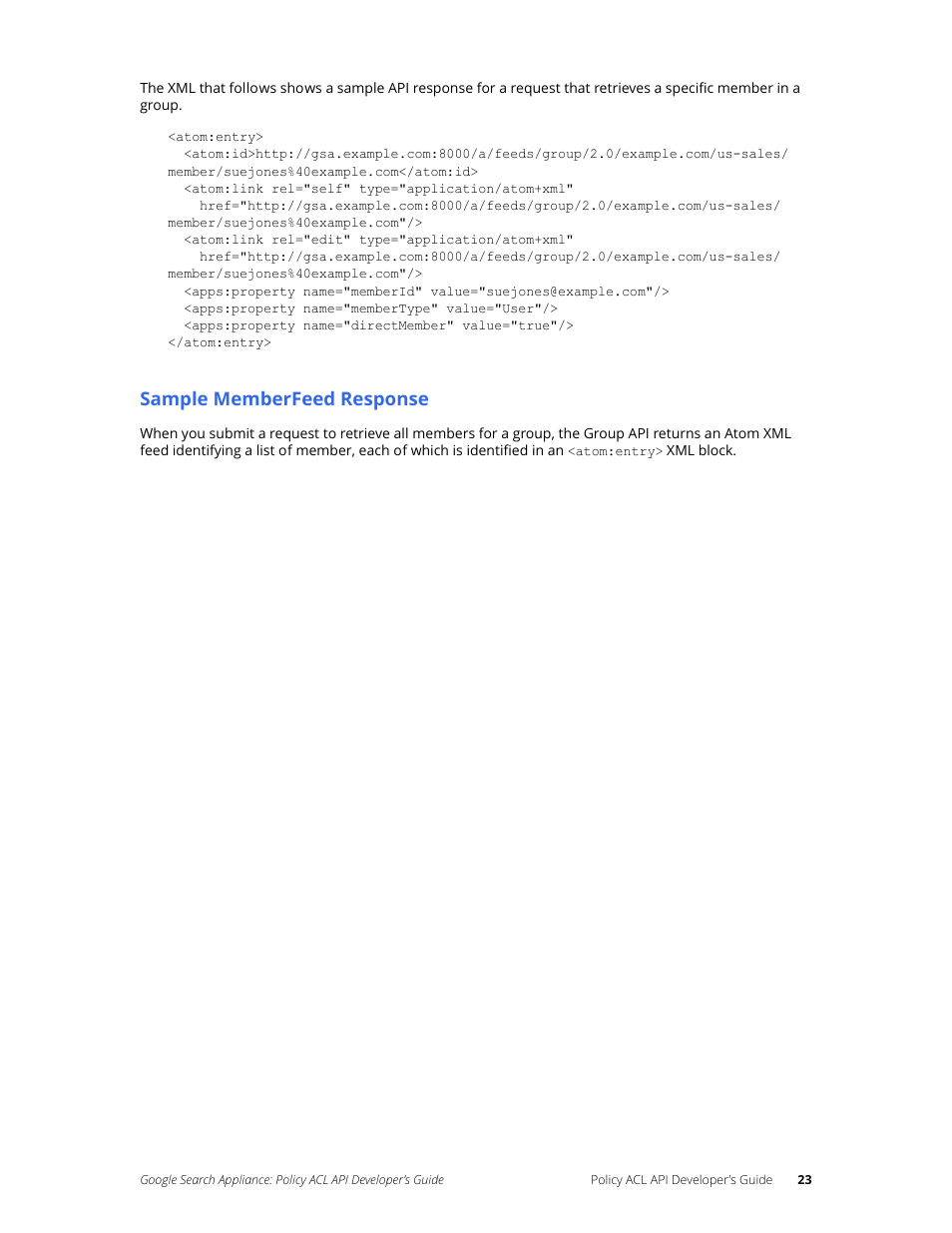 Sample memberfeed response | Google Search Appliance Policy ACL API Developers Guide User Manual | Page 23 / 24