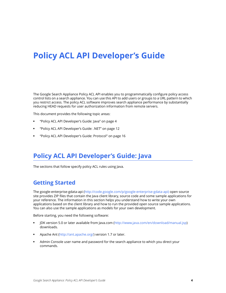 Policy acl api developer’s guide, Policy acl api developer’s guide: java, Getting started | Google Search Appliance Policy ACL API Developers Guide User Manual | Page 4 / 24
