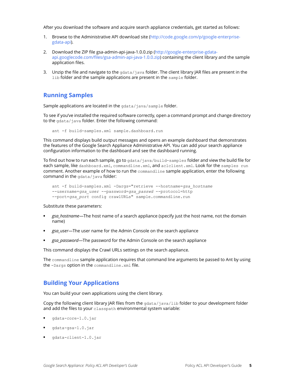 Running samples, Building your applications | Google Search Appliance Policy ACL API Developers Guide User Manual | Page 5 / 24