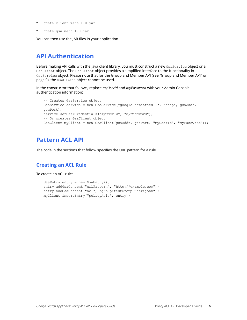 Api authentication, Pattern acl api | Google Search Appliance Policy ACL API Developers Guide User Manual | Page 6 / 24