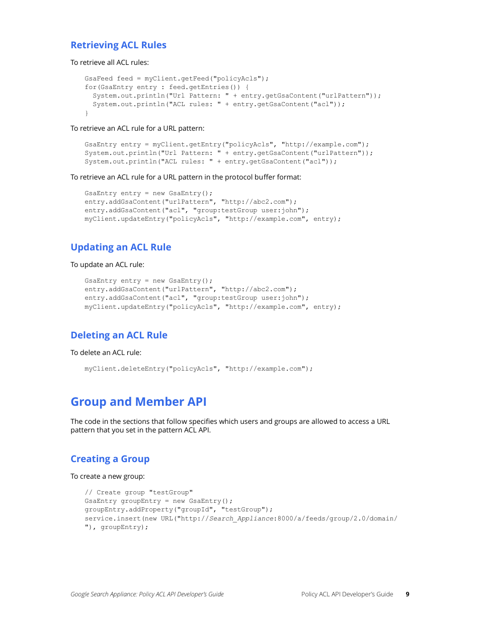 Group and member api | Google Search Appliance Policy ACL API Developers Guide User Manual | Page 9 / 24